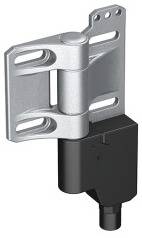 Ein Metallscharnier mit schwarzer Basis, zwei Befestigungslöchern und mechanischer Bewegungsfunktion. Geeignet für Türen oder Klappen.