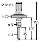 Technische Zeichnung eines Bolzens mit Maßen: Gesamtlänge 125 mm, Gewindedurchmesser M12 x 1, Durchmesser oben 25 mm, unten 8 mm und 4 mm.