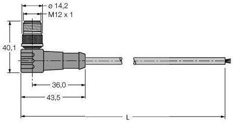 Technische Zeichnung eines Steckers mit Kabel. Maße: 43,5 mm Länge, 40,1 mm Höhe, M12 x 1 Gewinde, Kabeldurchmesser 14,2 mm.