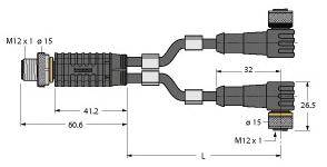 Technische Zeichnung eines Y-Verbindungskabels mit Abmessungen. Länge 60,6 mm, Höhe 26,5 mm, M12 x 1 Schnittstellen.