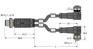Technische Zeichnung eines Y-förmigen Kabels mit Abmessungen. Die Anschlüsse sind mit M12 x 1 gekennzeichnet.