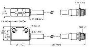 Technische Zeichnung eines rechteckigen Steckverbinders mit Maßen. Beschriftet mit Maßen in Millimeter und Zoll. Verbindungen und Gewindeplatzierungen gezeigt.