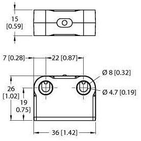 Technische Zeichnung eines Bauteils mit Bemaßungen: Breite 36 mm, Höhe 26 mm, Bohrungen mit Durchmesser 8 mm. Maße in Zoll angegeben.