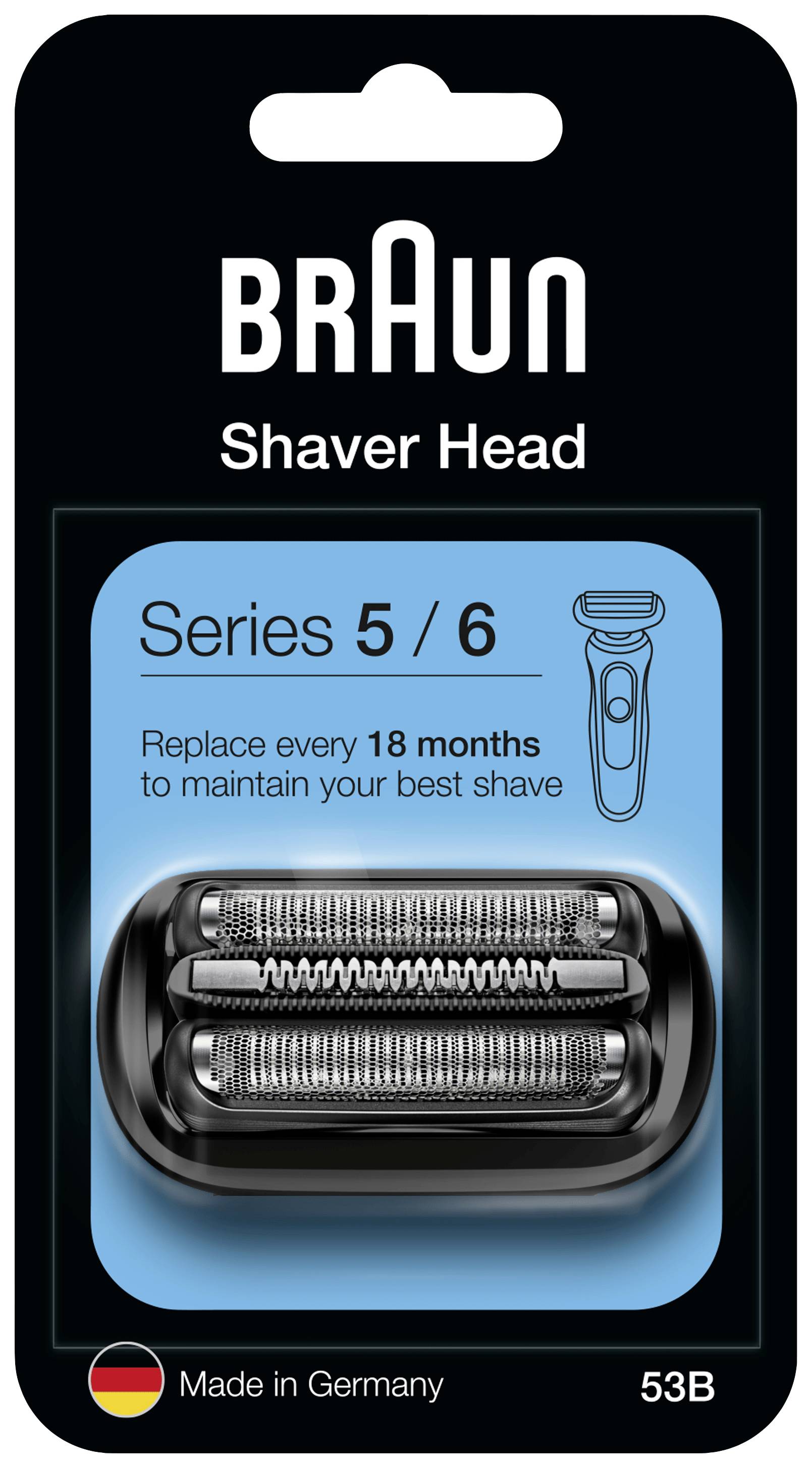 Braun Rasierkopf Serie 5/6, 18 Monate Wechselintervall für beste Rasur, Made in Germany, Modell 53B, Abbildung eines Rasierkopfs.