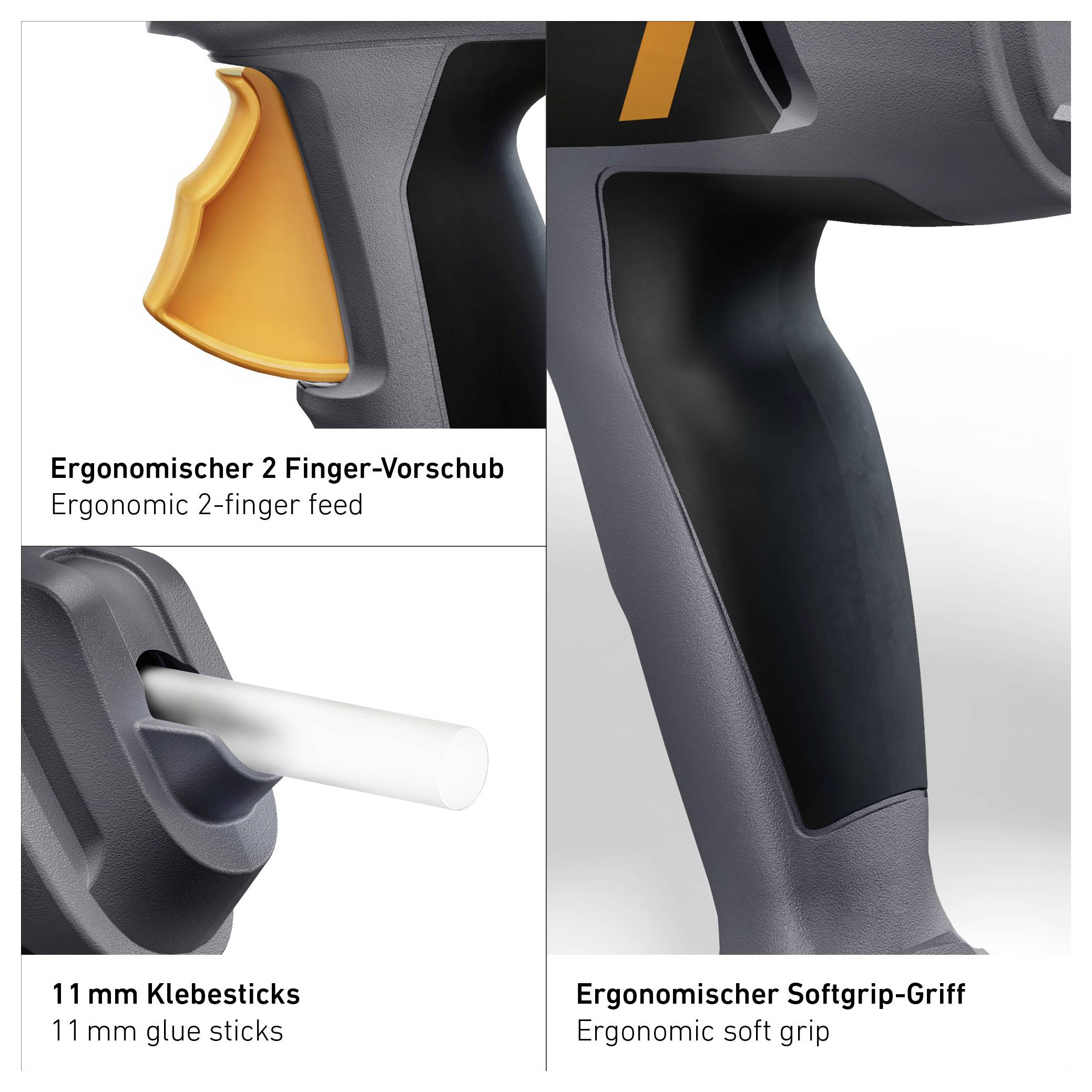 Grafik mit Detailansichten eines Heißklebepistolen-Griffs: ergonomischer 2-Finger-Vorschub, 11-mm-Klebesticks und Softgrip-Griff.