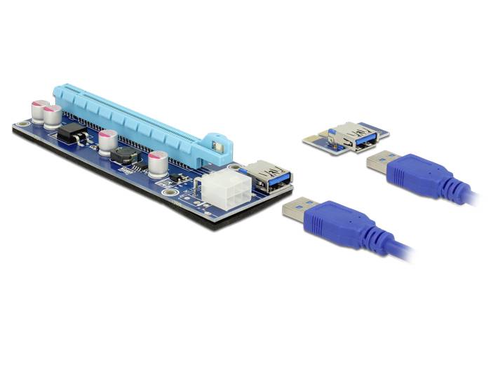 Ein PCIe-Riser-Kit mit einem blauen Adapter, zwei USB-Kabeln und einer Stromversorgungsbuchse, verwendet für Grafikkartenverbindungen.