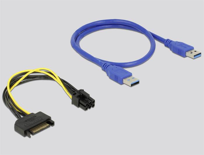Zwei Kabel: Links ein schwarzes Kabel mit gelbem und schwarzem Stecker, rechts ein blaues USB-Kabel mit zwei Anschlüssen.