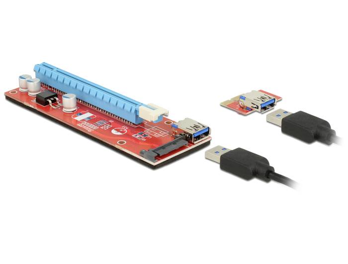 Eine rote PCIE-Riser-Karte mit USB-Anschlüssen und zwei USB-Kabeln. Geeignet für die Verbindung von Hardware-Komponenten in Computern.