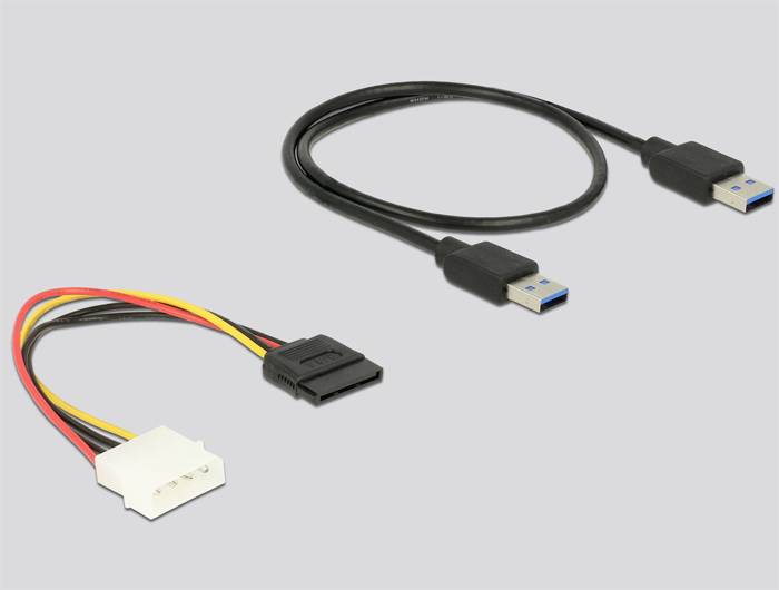 Zwei Kabel: Ein SATA-Stromkabel mit weißem Stecker und drei bunten Drähten, ein schwarzes USB-Kabel mit zwei blauen USB-Steckern.