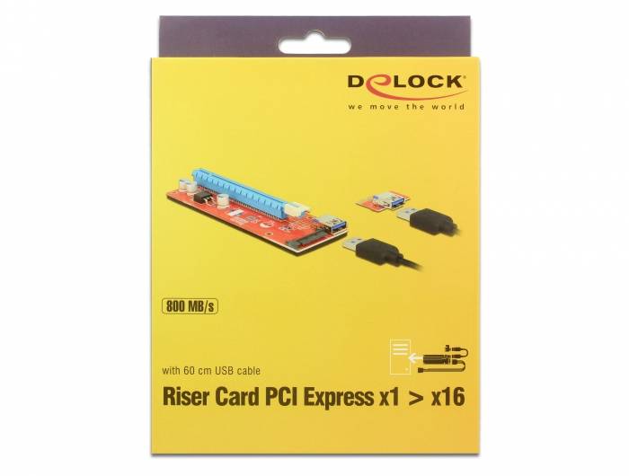 Gelbe Verpackung der Marke Delock mit Bild einer Riser Card PCI Express x1 zu x16. Text: '800 MB/s' und 'mit 60 cm USB-Kabel'.