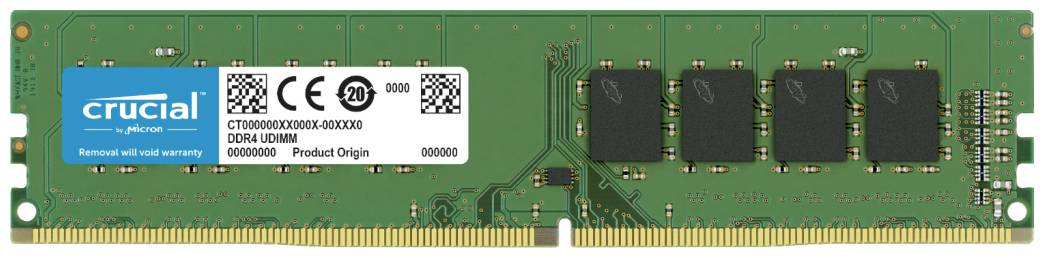 Ein grüner Crucial DDR4-Speicherriegel mit mehreren schwarzen Chips und einem weißen Etikett mit technischen Informationen.