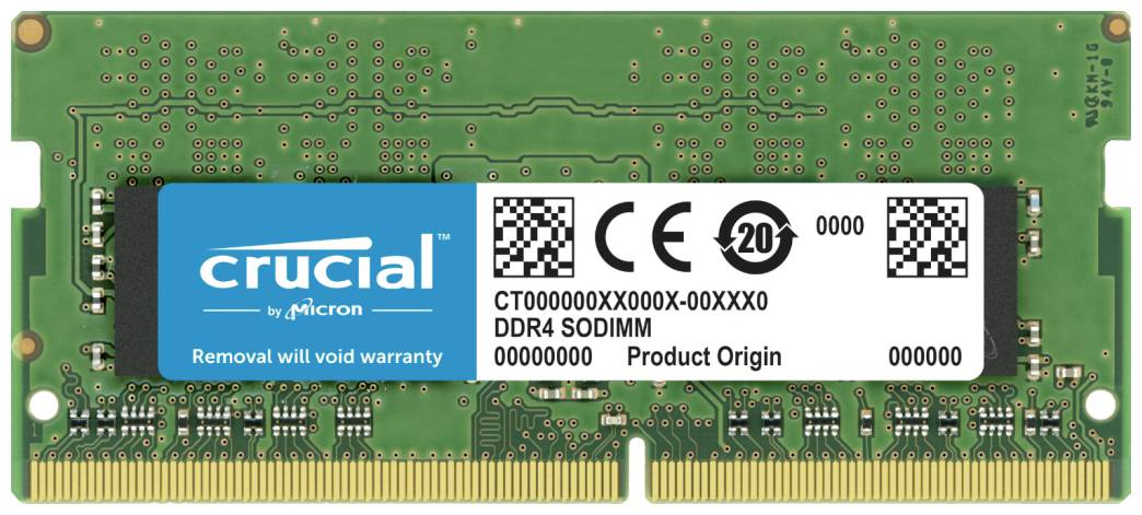 Eine grüne DDR4 SODIMM RAM-Karte mit einem Etikett von 'crucial by Micron'. Text: 'Removal will void warranty', Produktnummer und Herkunft.
