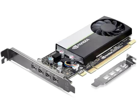Grafikkarte von Nvidia mit Lüfter und vier Anschlüssen. Die Karte ist hochkant dargestellt mit abgenommenen Halterungsblenden.