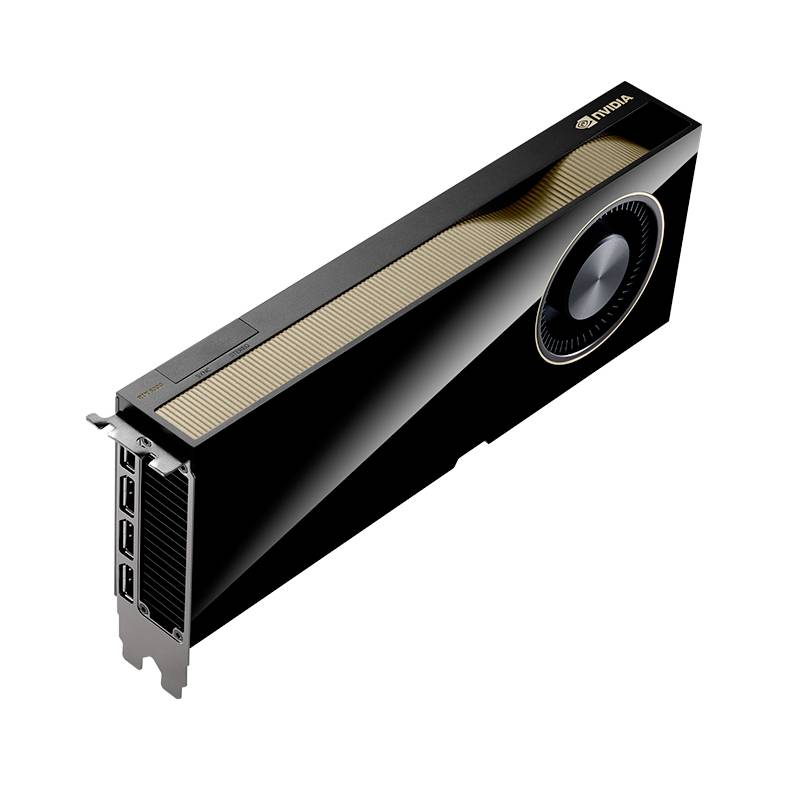 Eine schwarze NVIDIA-Grafikkarte mit goldenen Akzenten und einem Lüfter, zeigt mehrere Anschlussmöglichkeiten an der Seite.