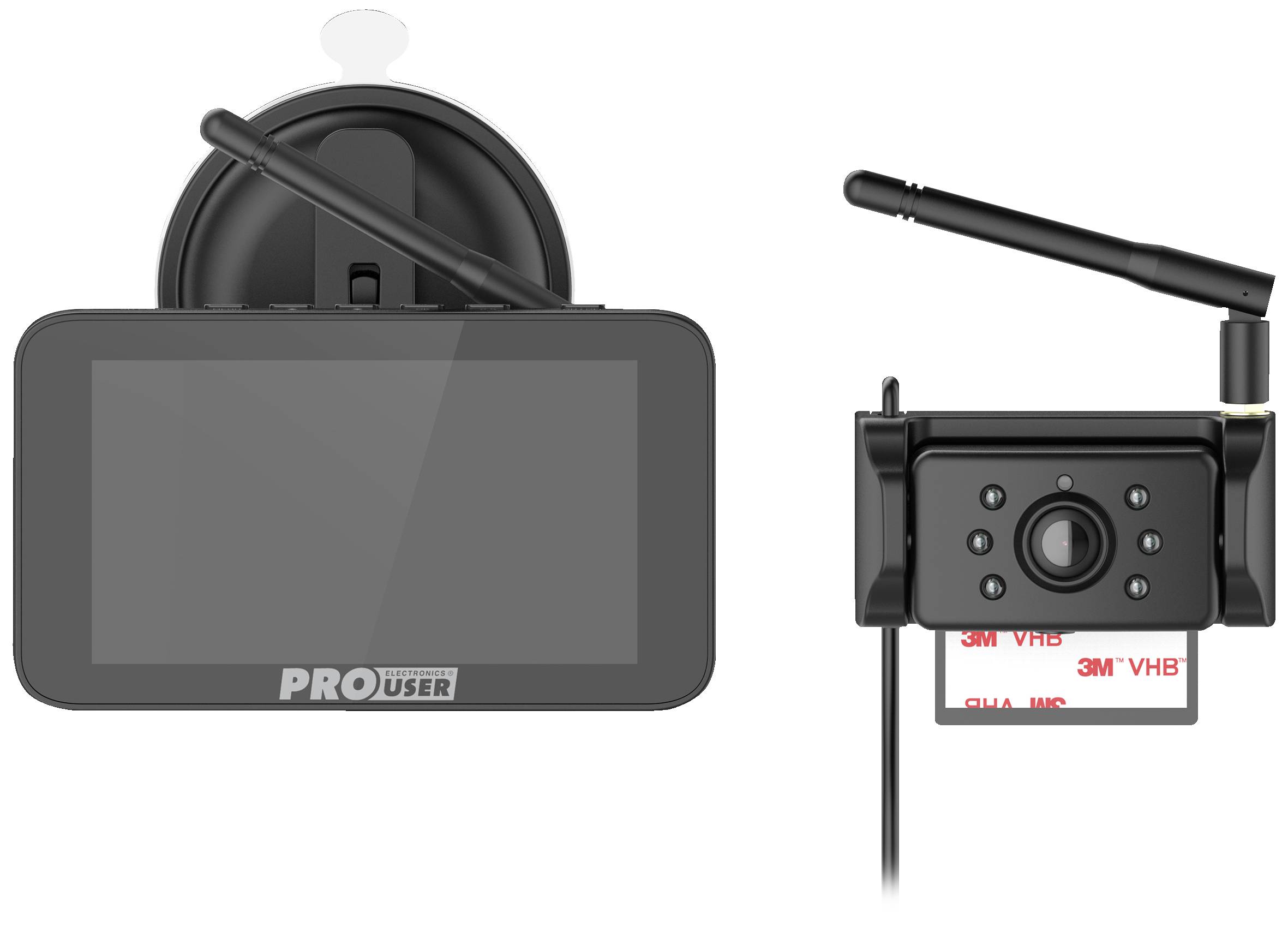 Ein drahtloses Rückfahrkamerasystem mit Monitor links und Kamera rechts, montierbar mittels Saugnapf und Klebestreifen, passend für Fahrzeuge.