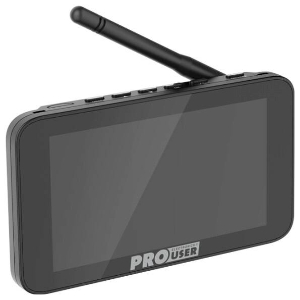Schwarzes drahtloses Gerät mit Antenne und Tasten, mit dem Logo 'PRO USER' auf der vorderen Unterseite, wahrscheinlich ein Monitor oder Controller.
