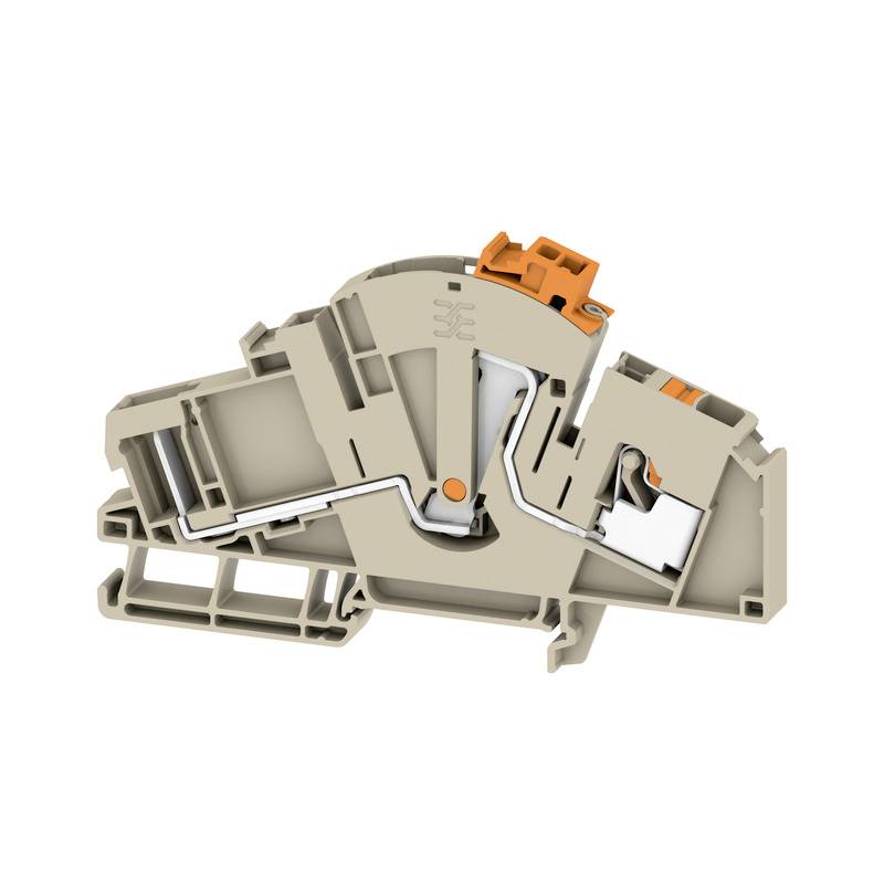 Grauer Reihenklemmenblock mit Metallverbindungen und orangefarbenen Elementen, für elektrische Verdrahtung in Schaltschrankanwendungen.