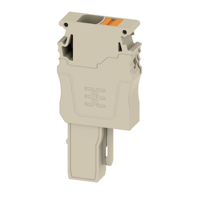 Beige Steckverbinder mit orangefarbenem Hebel, vertikaler Form, dient zur elektrischen Verbindung auf Tragschienen in Schaltschrankanwendungen.