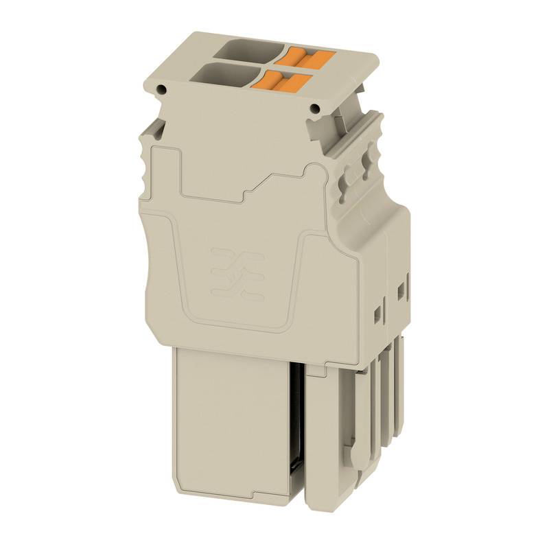 Ein beiger Steckverbinder mit zwei orangefarbenen Tasten und einem rechteckigen Design. Geeignet für elektrische Verbindungen.