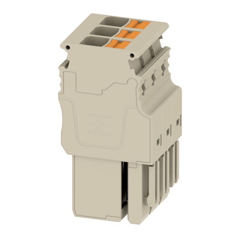 Ein weißer, modularer Steckverbinder mit drei orangefarbenen Verbindungen, der in elektrischen oder industriellen Anwendungen verwendet wird.