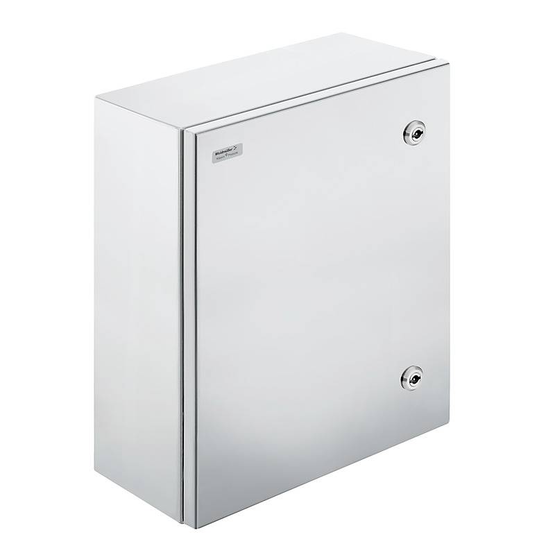Metallischer Schaltschrank mit zwei Verschlüssen und glatter Oberfläche, geeignet für industrielle Anwendungen.