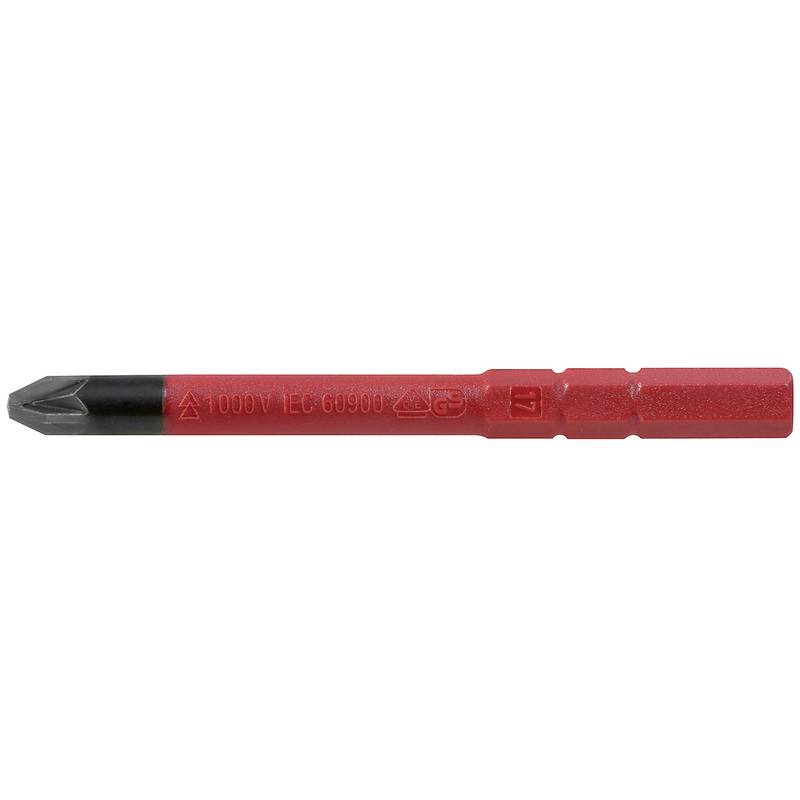 Roter Schraubendreher-Bit mit isolierter Spitze, geeignet für elektrische Arbeiten. Markierungen auf der Seite bestätigen Isolationsgrad.