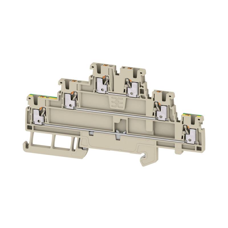 Eine mehrstöckige, beige Reihenklemme mit mehreren Anschlussstellen, die in elektrischen Schalttafeln zur Verbindung von Drähten verwendet wird.