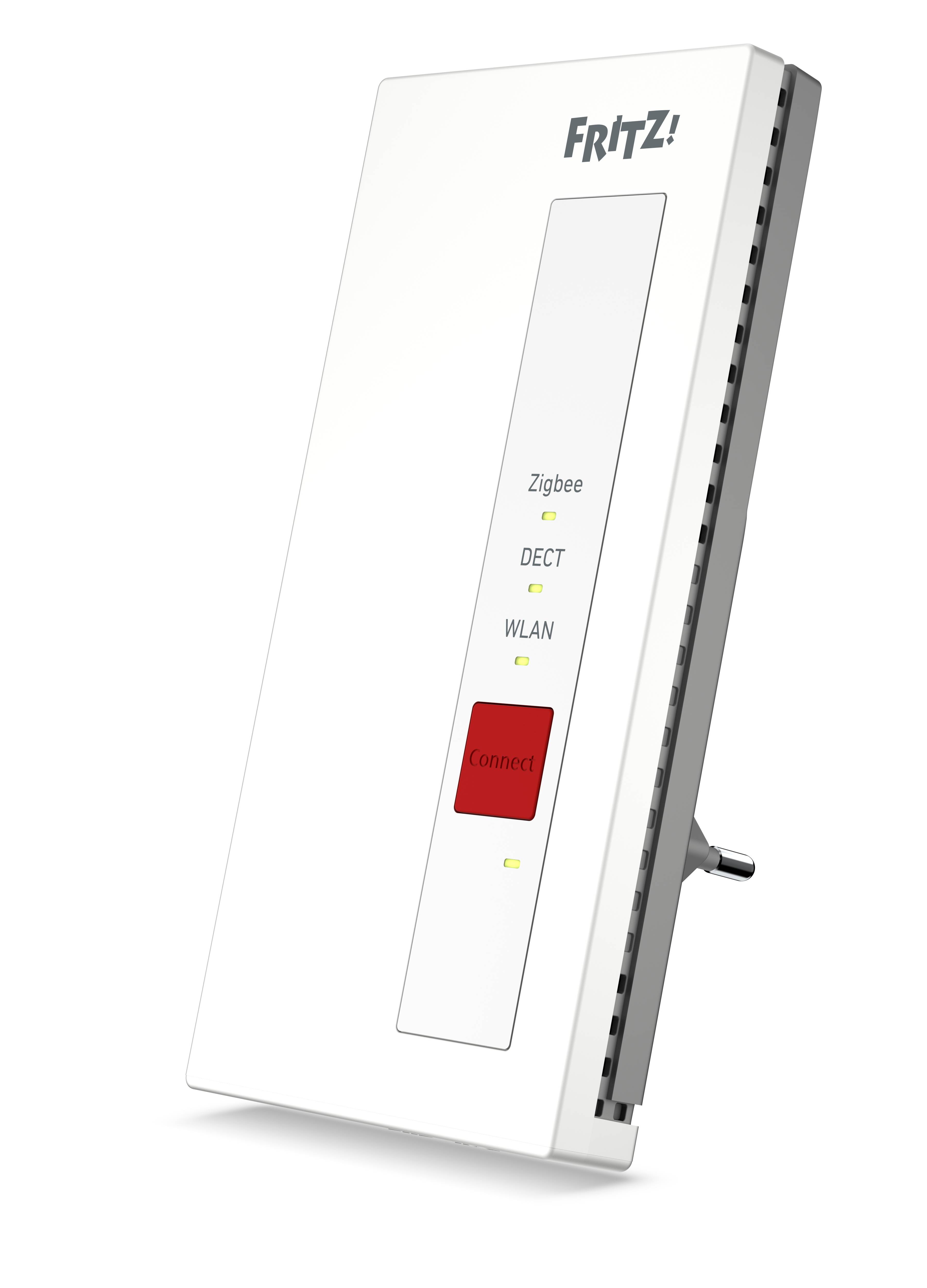 FRITZ! Smart-Home-Schalter mit Tasten: Zigbee, DECT, WLAN und zentraler roter Connect-Taste.