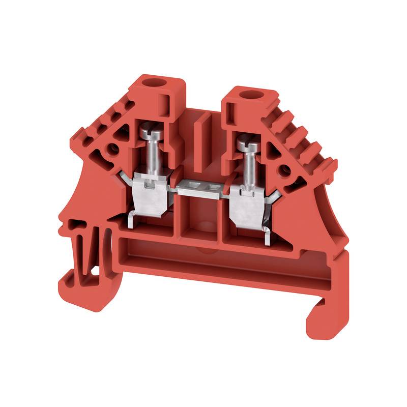 Roter Anschlussklemme, isoliertes Gehäuse, zwei Metallschrauben zur Drahtbefestigung, verwendet in elektrischen Schaltkästen.