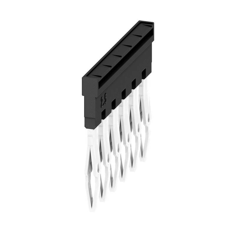Schwarzer Kunststoffstecker mit acht silbernen Pins für elektronische Verbindungen, in Seitenansicht gezeigt.