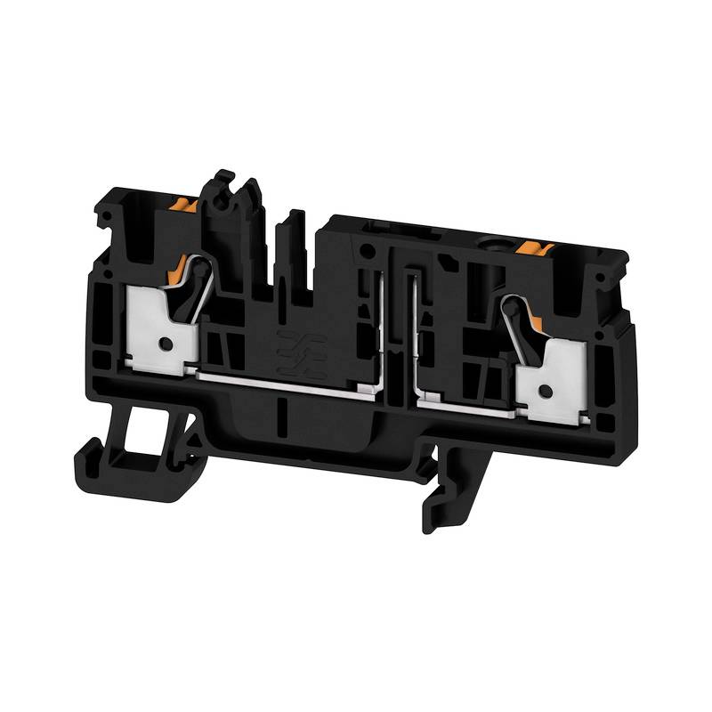 Ein schwarzer elektrischer Anschlussklemmenblock mit zwei Klemmstellen und Metallkontakten, verwendet für elektrische Verdrahtung.
