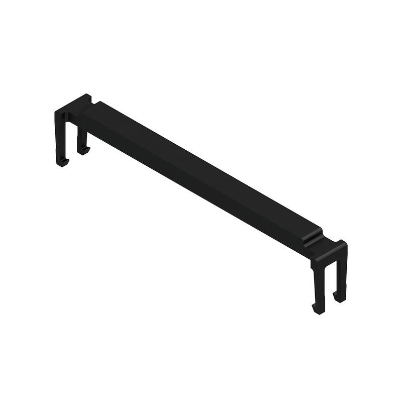 Ein schwarzer, rechteckiger Plastikclip mit Haken an beiden Enden.