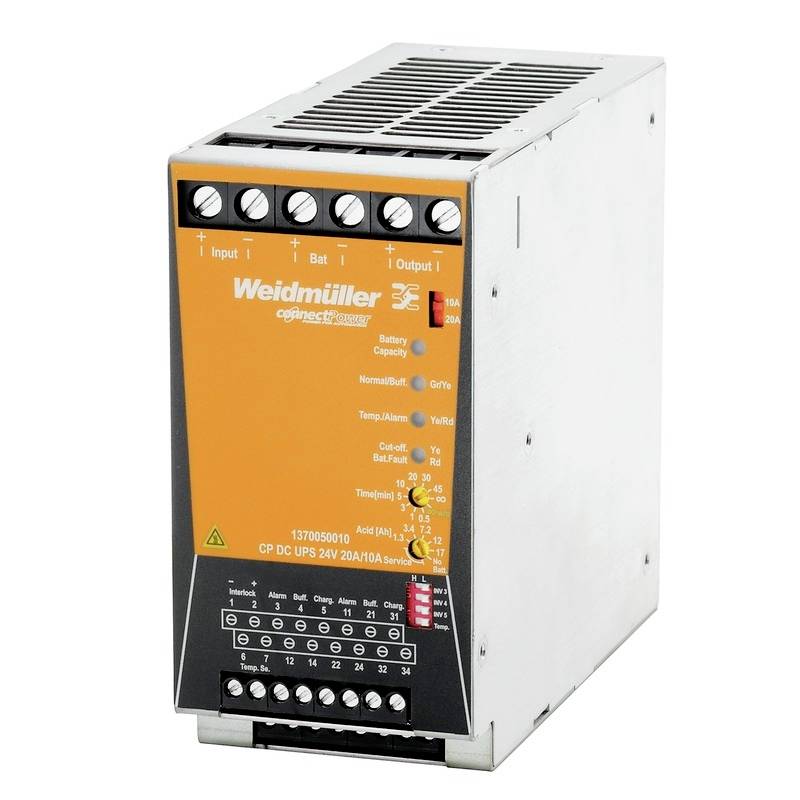 Ein silbernes und oranges Weidmüller-Gerät zur Stromversorgung, mit Beschriftungen für Eingänge, Batterie und mehrere Kontrollanzeigen.