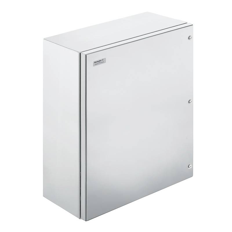 Ein rechteckiger, silberner Metallschrank mit glatter Oberfläche und vier sichtbaren Schrauben an den Ecken.