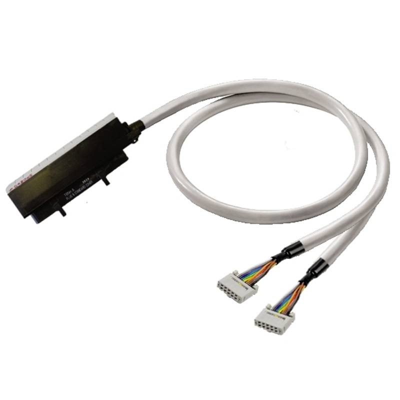 Kabel mit zwei mehrfarbigen Steckverbindungen an einem schwarzen Anschlussmodul, vermutlich für technische oder elektronische Anwendungen.