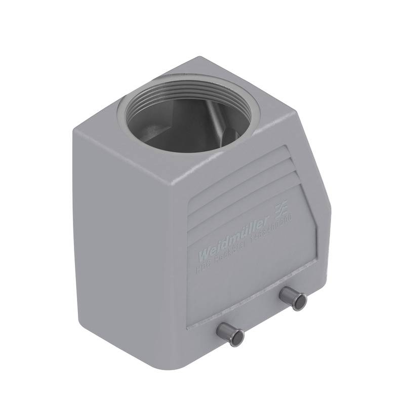 Ein graues rechteckiges Anschlussgehäuse mit Rundgewinde und zwei seitlichen Schraubbefestigungen. Geeignet für industrielle Anwendungen.