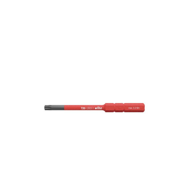 Ein roter Schraubendrehereinsatz mit der Aufschrift 'T20 (28131) Wiha max. 5,5 Nm', geeignet zur Nutzung mit Bits.