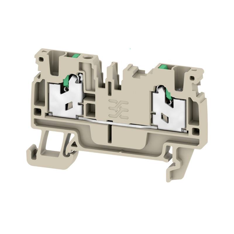 Ein elektrischer Klemmenblock in grau, mit grünen Akzenten; dient zur Verbindung und Organisation von elektrischen Kabeln in Schalttafeln.