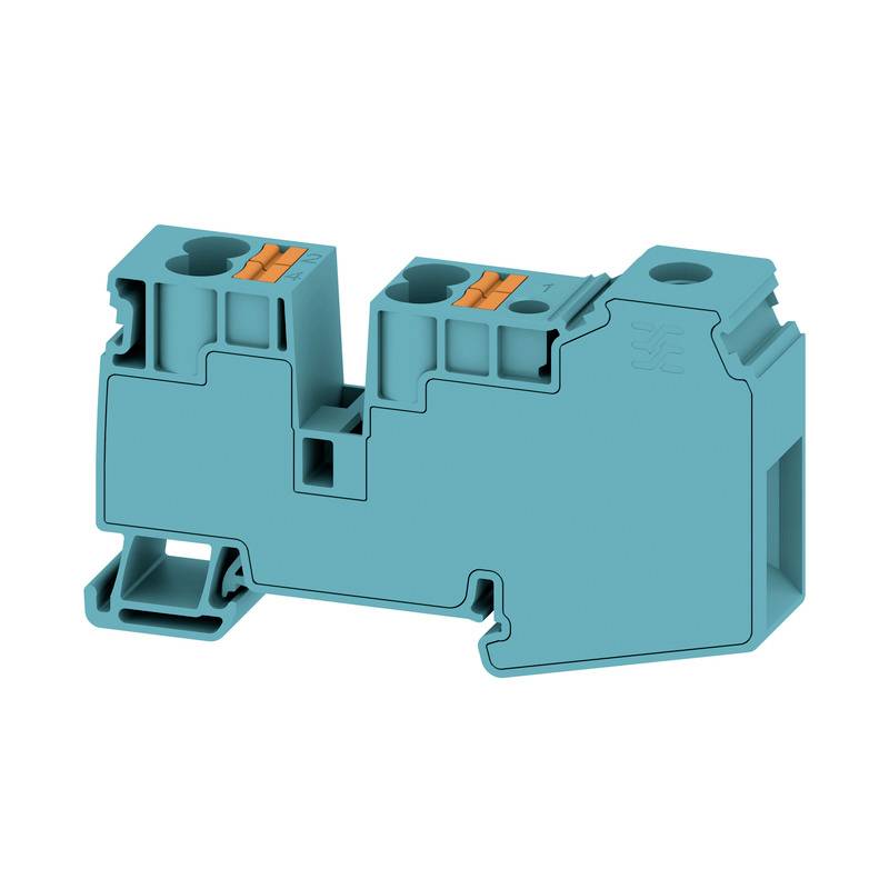 Ein grüner elektrischer Anschlussblock, kompakte Bauweise, mit zwei Anschlussöffnungen oben und Kabeleinschub an der Seite.