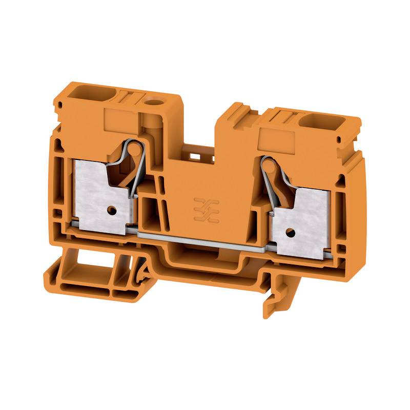 Orangefarbene Reihenklemme mit zwei Steckplätzen, Metallverbindungen sichtbar. Verwendet zur sicheren Verdrahtung in elektrischen Schaltungen.
