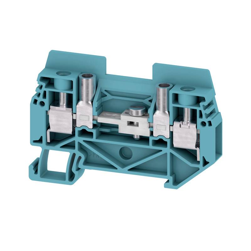 Ein türkisfarbener elektrischer Reihenklemmenblock mit metallischen Kontakten und Anschlussöffnungen zur Verdrahtung in elektrischen Anlagen.