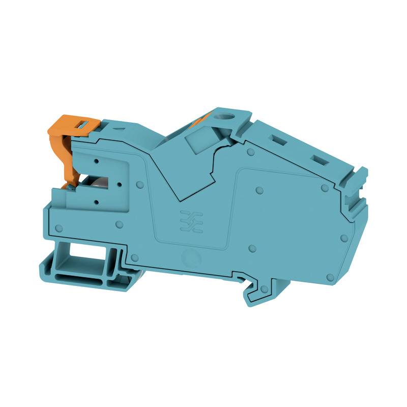 Ein blauer Kabelklemmenblock mit orangefarbenem Spannhebel, seitliche Ansicht. Funktioniert als elektrischer Anschluss in Schaltschränken.