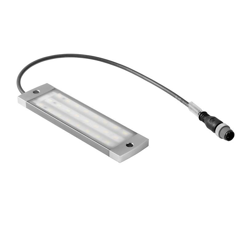 Ein rechteckiges LED-Licht mit silbernem Gehäuse und Kabelanschluss; zur Beleuchtung von Arbeitsbereichen oder Maschinen geeignet.