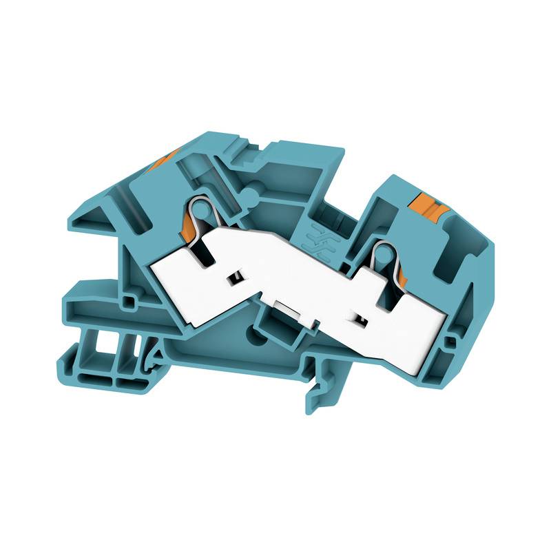 Ein grüner und oranger Klemmenblock für die Befestigung von elektrischen Leitern in Schalttafeln.