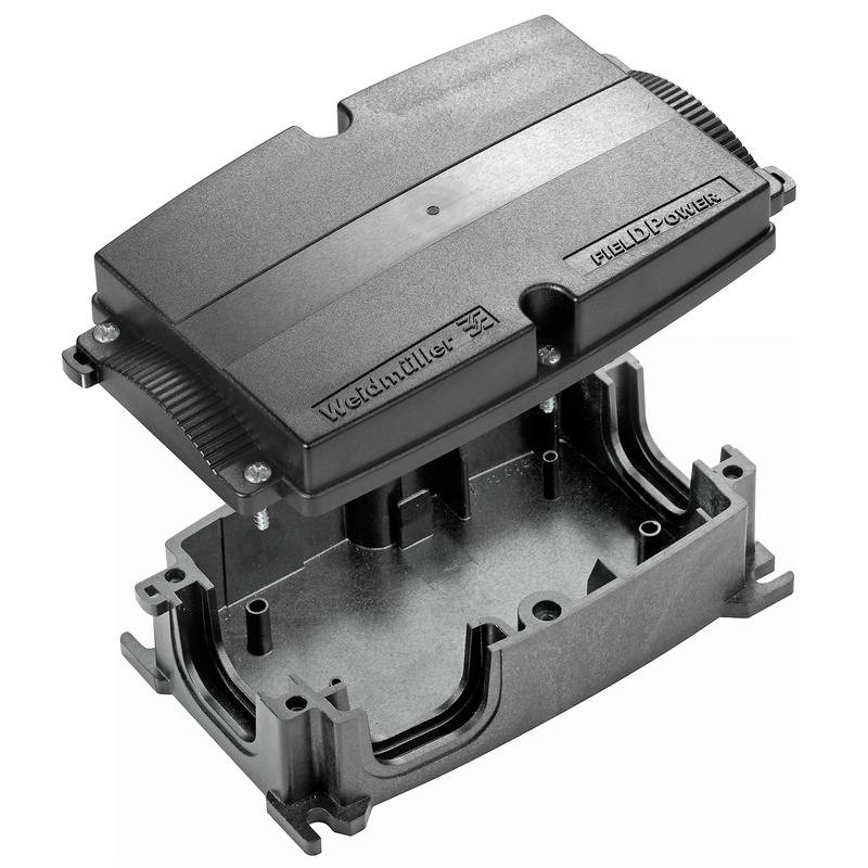 Elektronisches Gehäuse mit oberem Deckel, der nach oben geöffnet ist. Geeignet für industrielle Anwendungen, zeigt Innenstruktur.