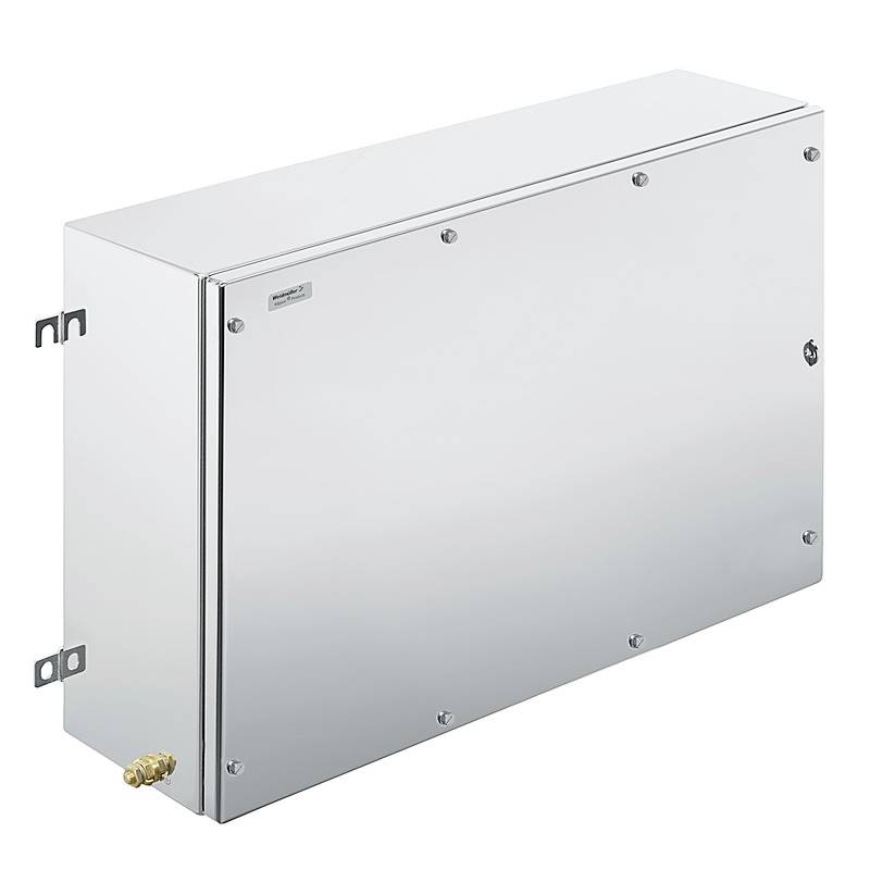 Metallene, rechteckige Box in Silber mit Befestigungselementen an der linken Seite und eine kleine Ventilöffnung unten rechts.