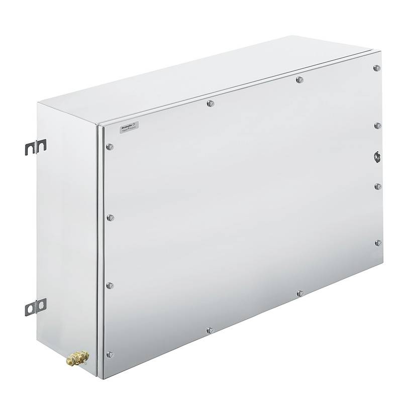 Metallisches Gehäuse mit mehreren Schrauben auf der Vorderseite und zwei seitlichen Befestigungselementen. Geeignet zur Wandmontage.