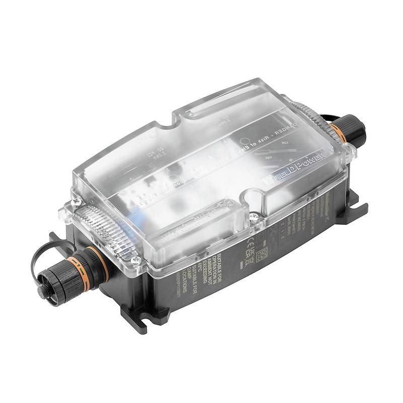 Ein transparentes elektrisches Gehäuse mit Schraubanschlüssen zeigt verkabelte Innenkomponenten.