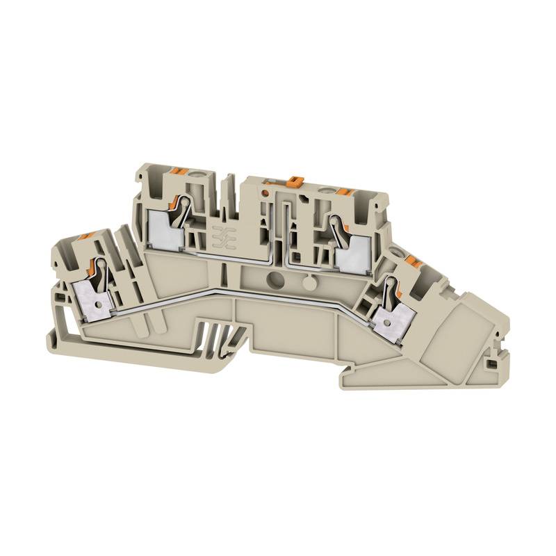 Klemmenblock mit mehreren Anschlüssen in Beige, geeignet für Schalt- und Steueranwendungen, mit Schraubverbindung und Push-In-Technologie.