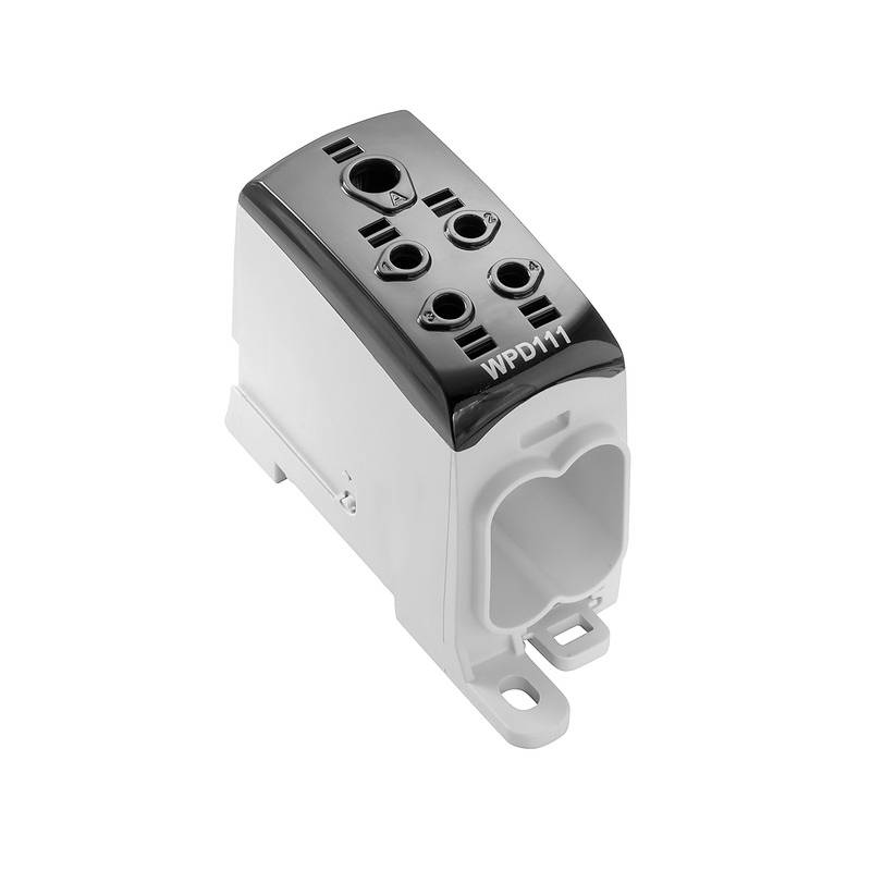 Elektrischer Verteilerblock mit mehreren Anschlussmöglichkeiten, weiß und grau, Modellnummer 'WPD111', zur Verteilung von Strom.
